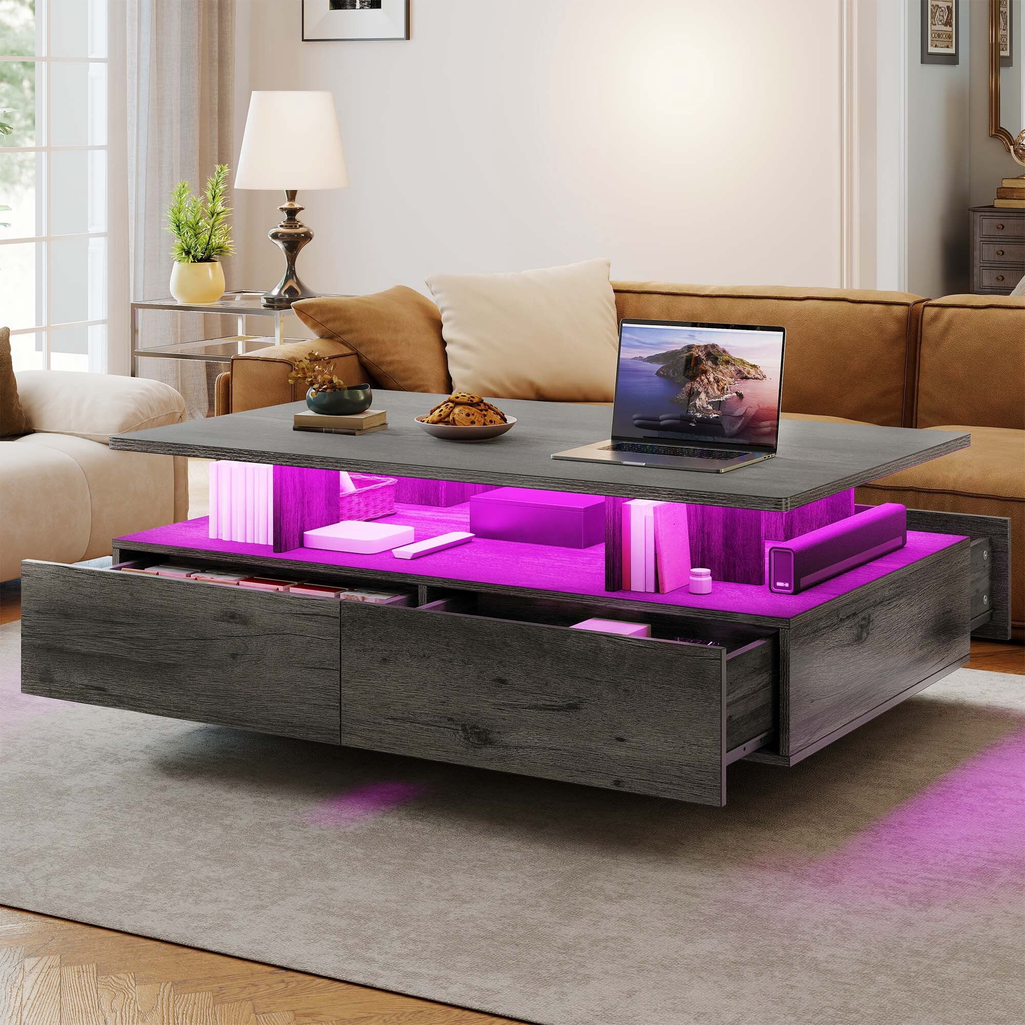 Uforic Modern LED Coffee Table, Center Tables with Storage for Living Room, Gray