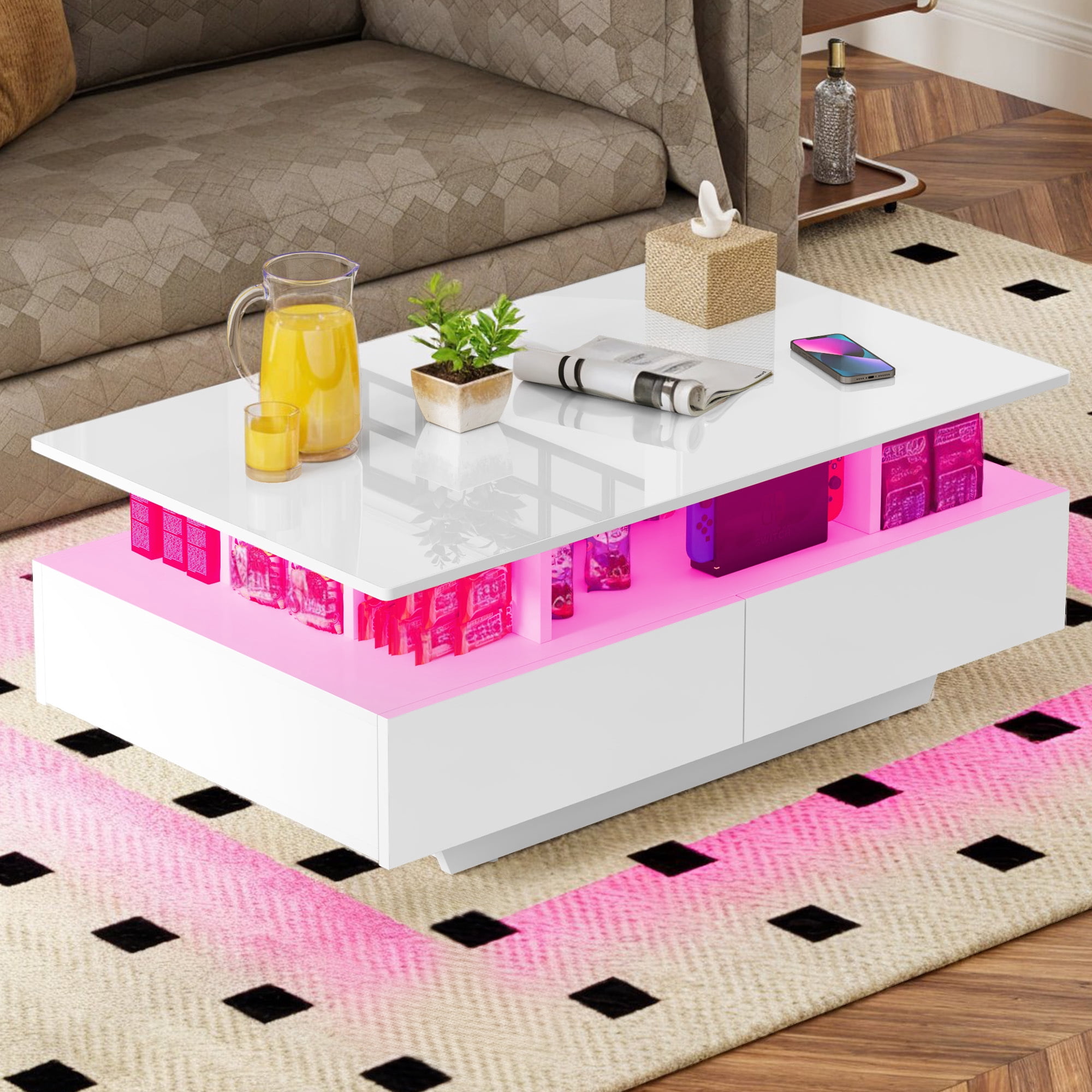 Uforic Modern LED Coffee Table, Center Tables with Storage for Living Room, White