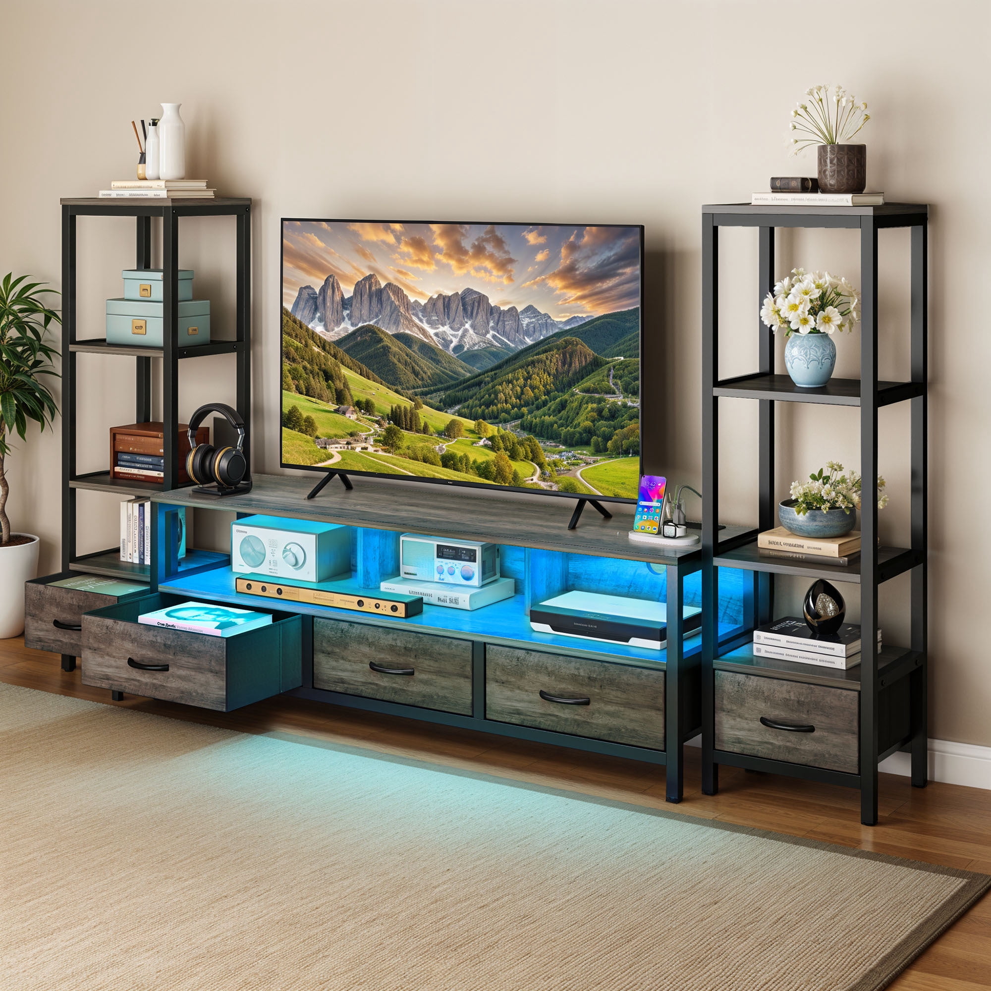 Uforic Modern Rustic Wood Metal Frame TV Stand with Remote Control LED Lights, USB Ports, Multi-Layer Storage Shelves & Fabric Drawers for Home Living Room, Gray