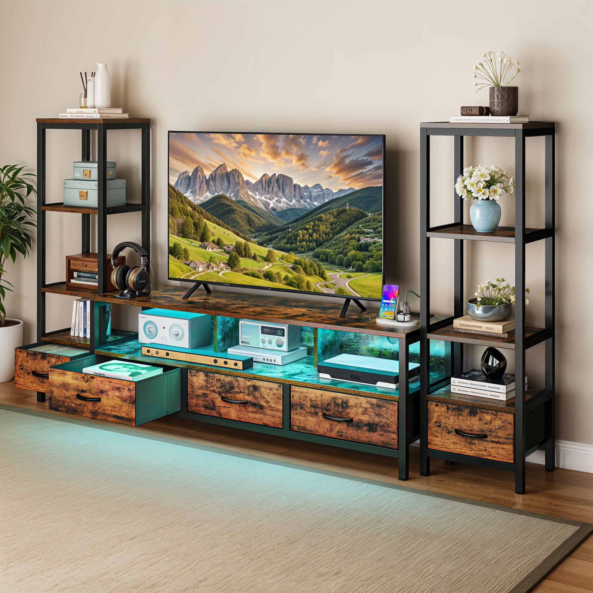 Uforic Modern Rustic Wood Metal Frame TV Stand with Remote Control LED Lights, USB Ports, Multi-Layer Storage Shelves & Fabric Drawers for Home Living Room, Rustic Brown