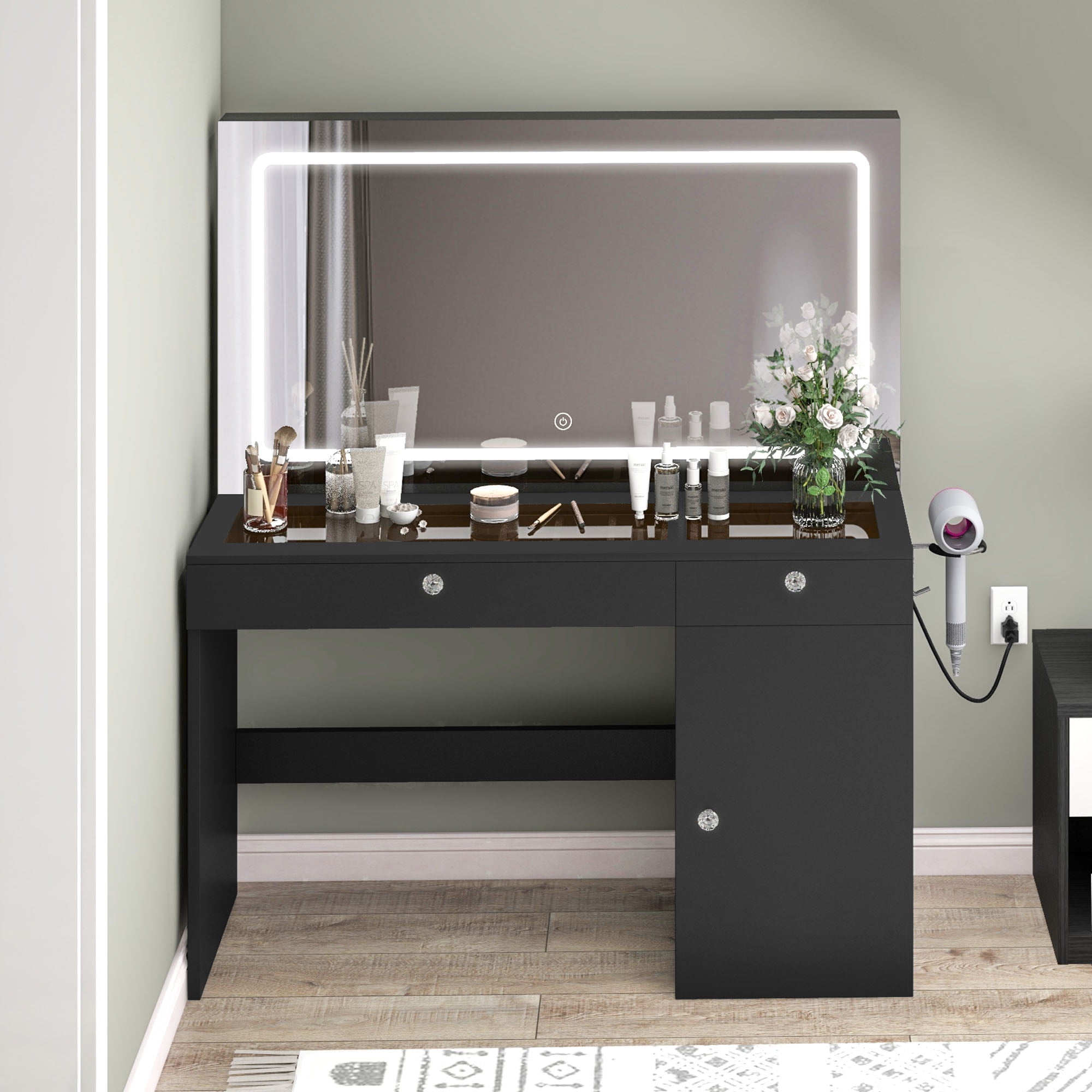 Uforic Modern Vanity Desk with LED Lighted Mirror & Power Outlet, Makeup Vanity Table with Drawers & Cabinet , Bedroom Dressing Vanity with Dividers and Hair Dryer Rack, Black