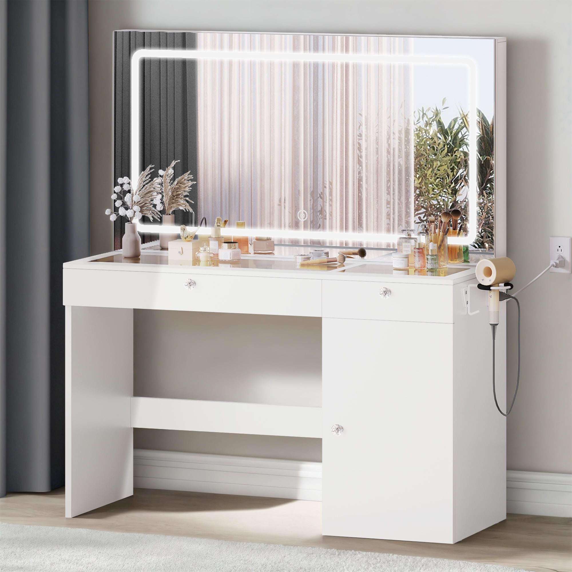 Uforic Modern Vanity Desk with LED Lighted Mirror & Power Outlet, Makeup Vanity Table with Drawers & Cabinet , Bedroom Dressing Vanity with Dividers and Hair Dryer Rack, White