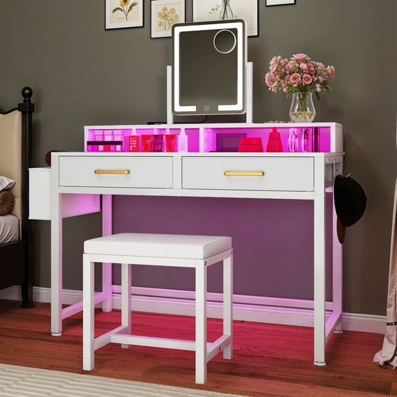 Uforic Modern Vanity Desk with Stool, White Cloth Drawerless Table with Chair, Charging Ports & Lights with Mirror