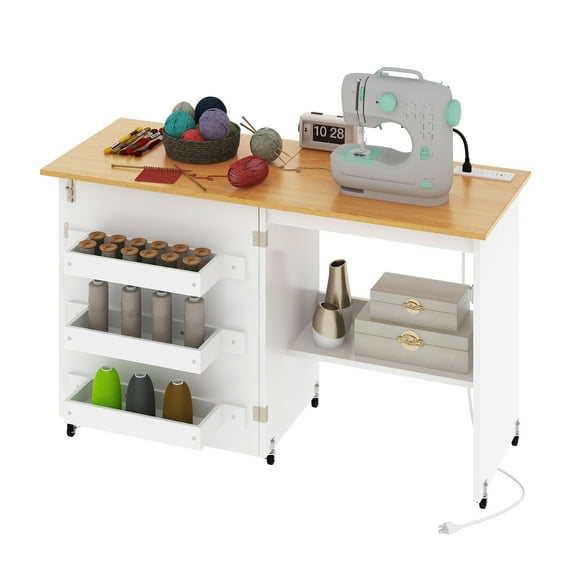 Uforic Modern Wood Folding Sewing Table with Charging Station, Craft Table with Storage Shelves Cabinet Lockable Wheels - White