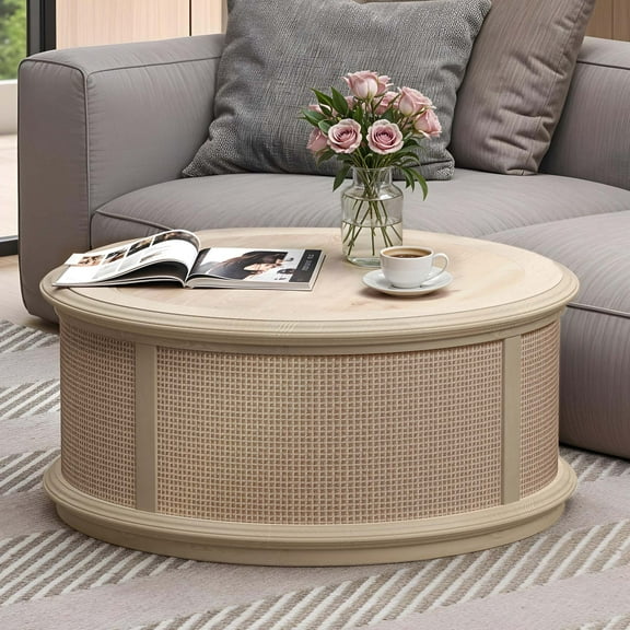 Uforic Multifunctional Round Rattan Lift-Top Coffee Table – Natural Wood Finish with Hidden Storage