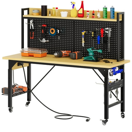 Uforic Multifunctional Workbench with Pegboard, Power Outlets and Wheels, 59.1" x 23.6" A3 Steel Work Bench for Garage Max. Heavy Duty up to 2000lbs