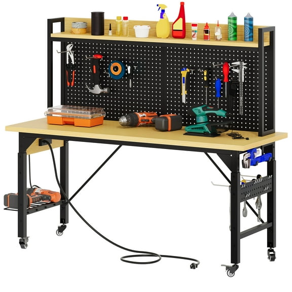 Uforic Multifunctional Workbench with Pegboard, Power Outlets and Wheels, 59.1" x 23.6" A3 Steel Work Bench for Garage Max. Heavy Duty up to 2000lbs