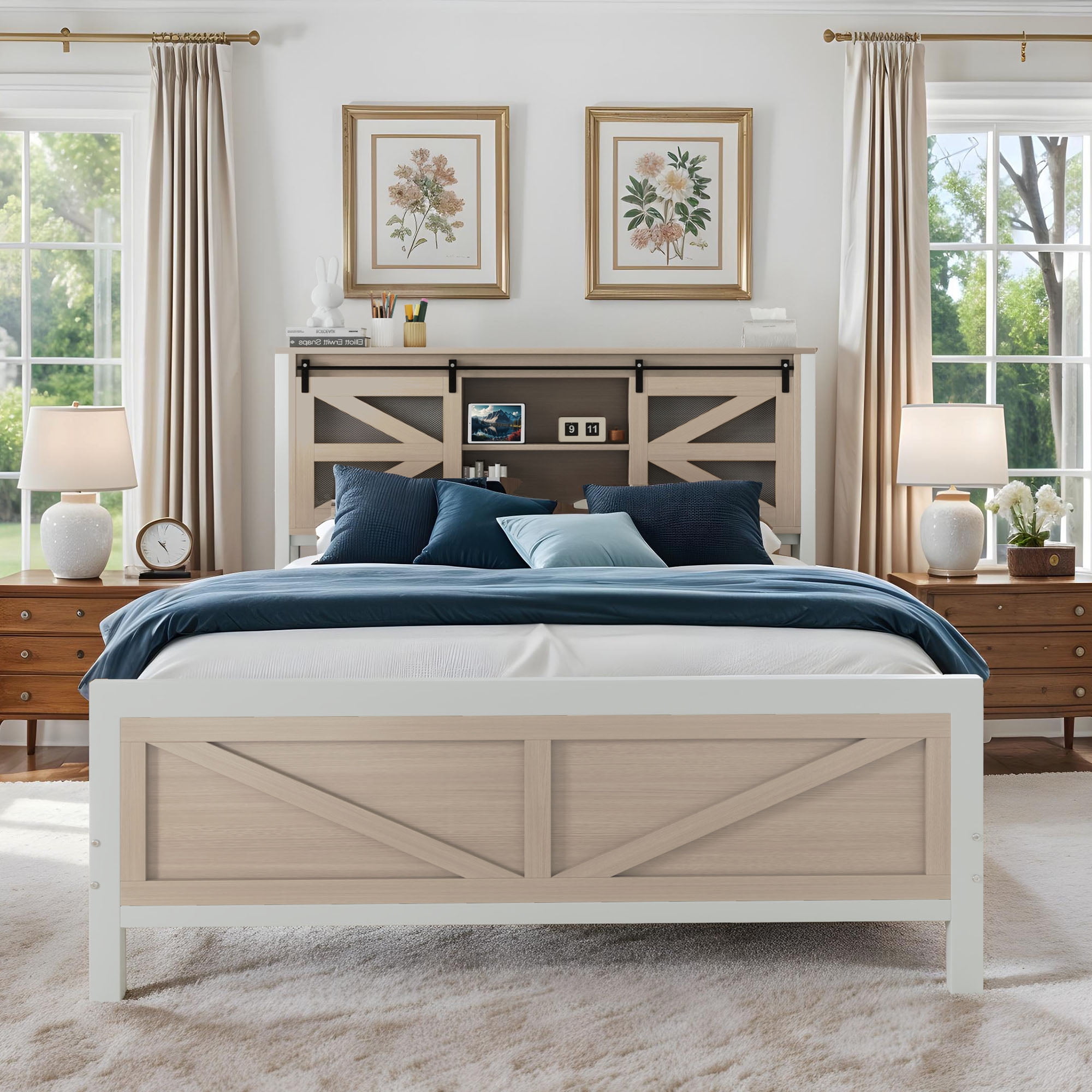 Uforic Oak Queen Size Bed Frame with Steel Mesh barn Door, Charging & Storage, Platform Bed in Modern Rustic Design