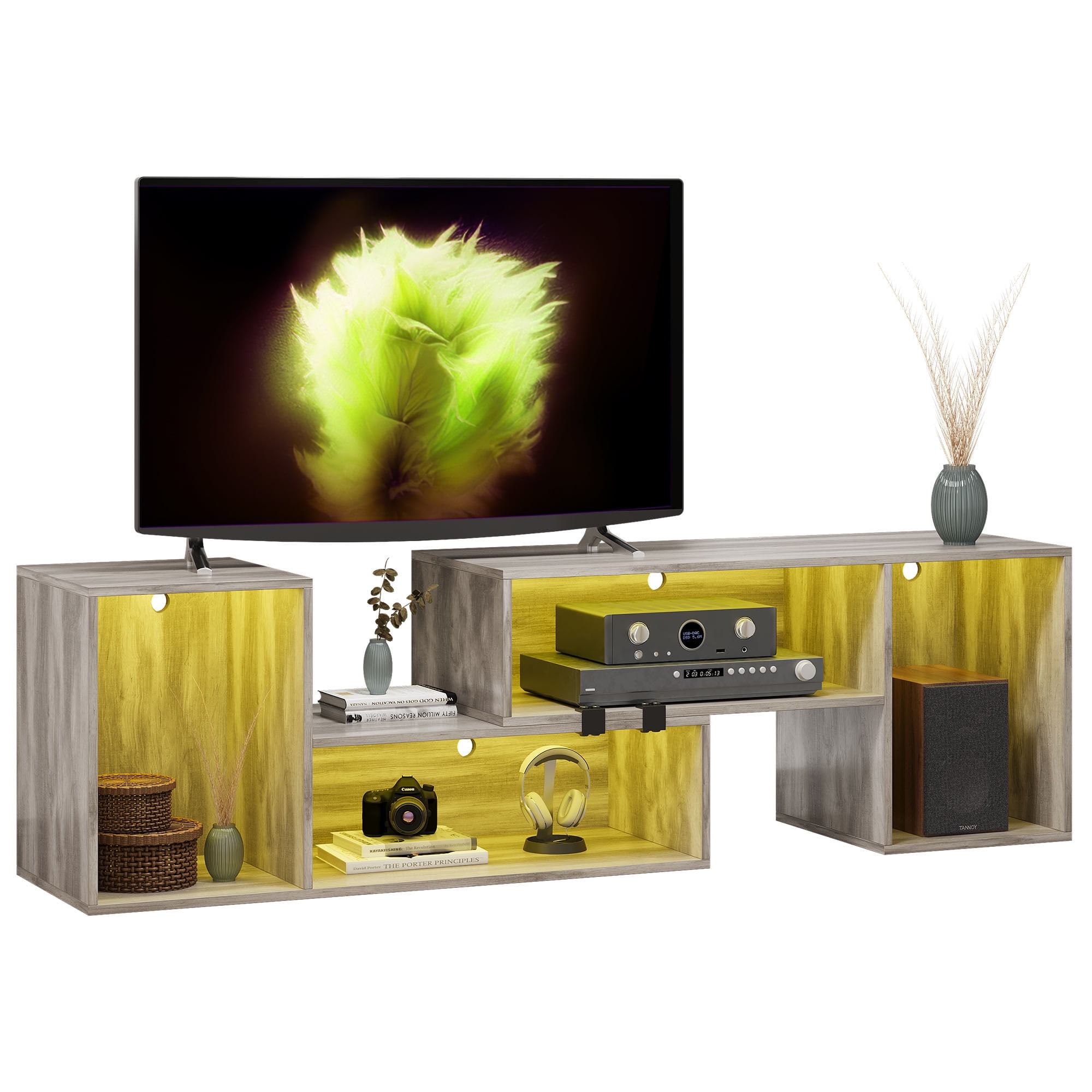 Uforic Oak TV Cabinet, 141×40×48cm, 110V US Plug, 16 Modes, Remote & Bluetooth Control, 15mm Particleboard