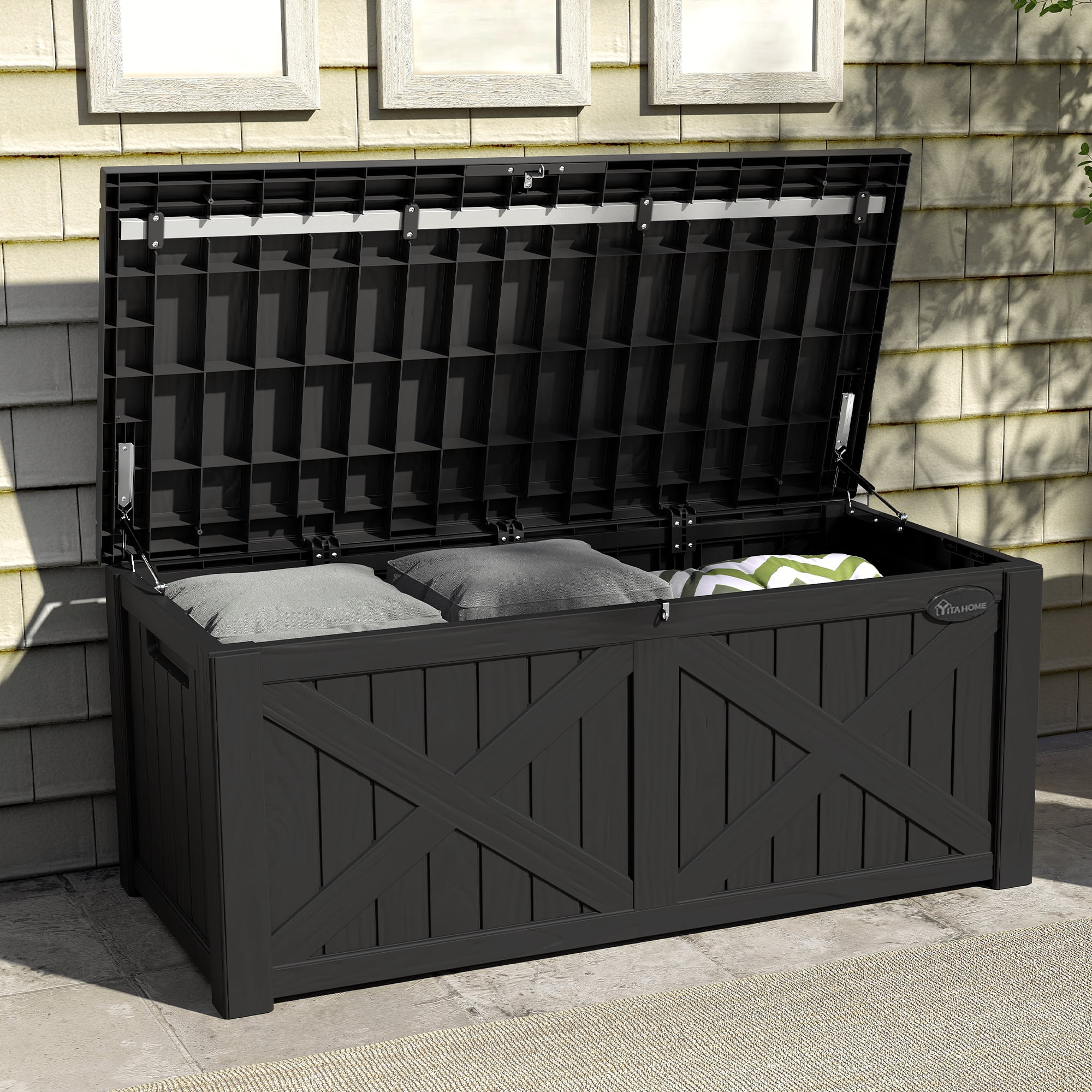 Uforic Outdoor 120 Gallon Large Resin Deck Box, Outdoor Storage Boxes with X-Shaped Front, for Patio Garden, Waterproof & Lockable, Black