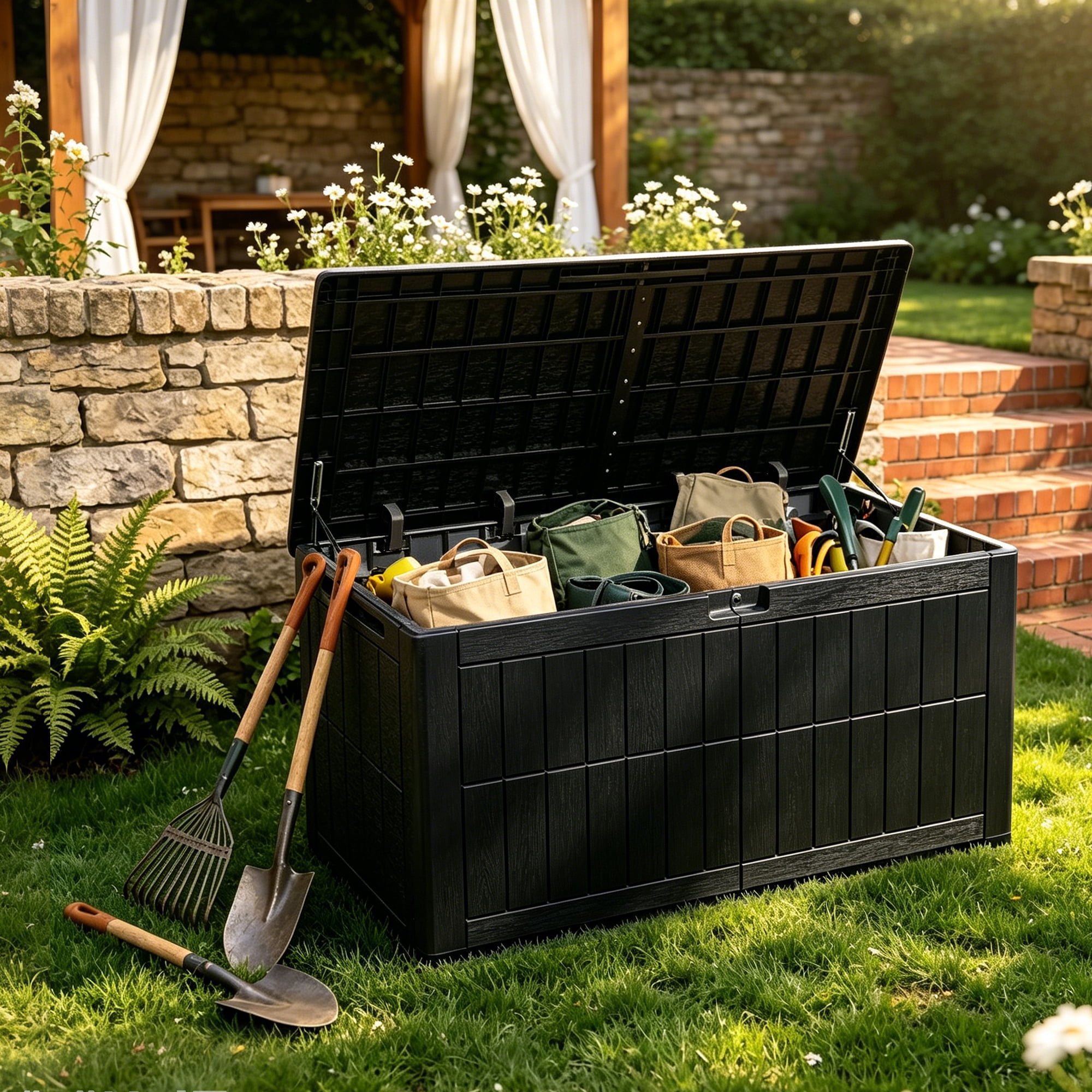 Uforic Outdoor Resin Deck Box for Outdoor Storage and Seating, Light Brown, 120 Gallon, Waterproof & Lockable