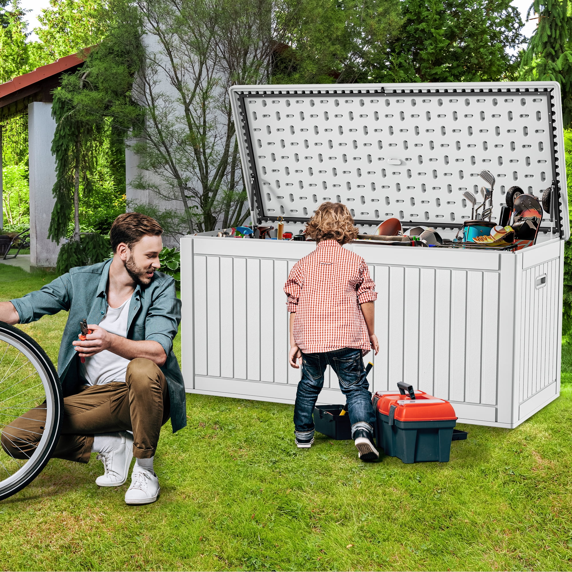 Uforic Outdoor 260 Gallon Large Resin Deck Box, Double-Wall Storage Box with Flexible Divider & Side Handles, Waterproof & Lockable, White