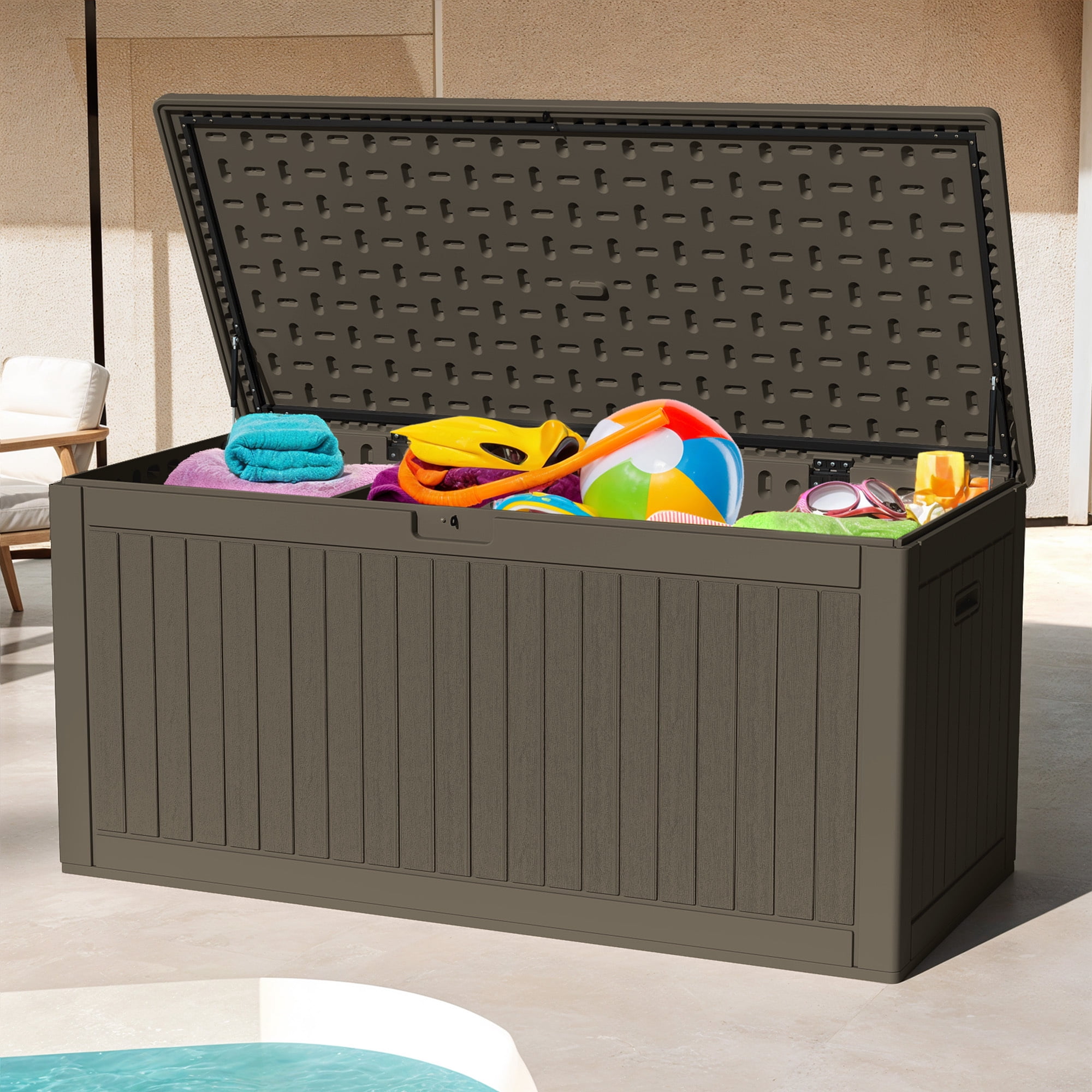 Uforic Outdoor 260 Gallon Large Resin Deck Box, Double-Wall Waterproof Lockable Storage Box with Flexible Divider & Side Handles, Light Brown