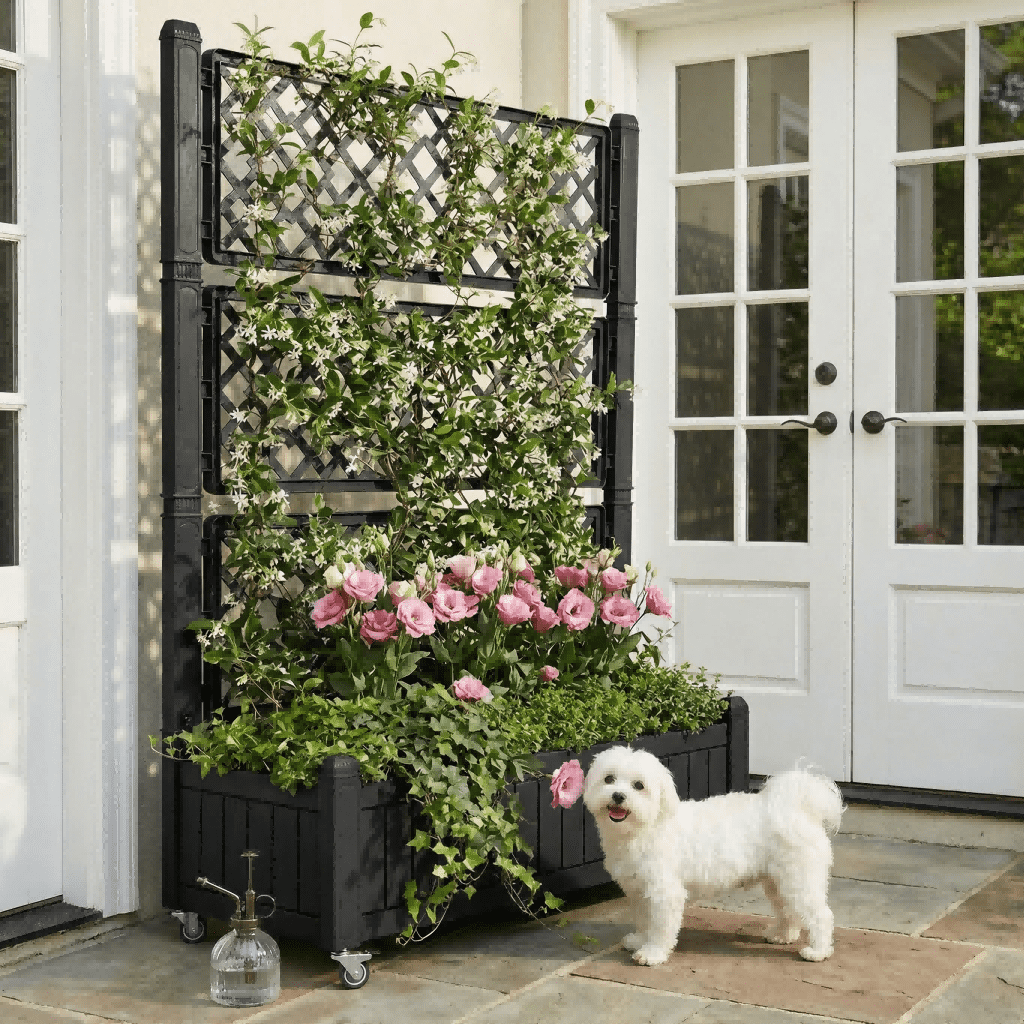 Uforic Outdoor 42.5x14.2x61 in Privacy Screen & Planter Box with Trellis, Raised Garden Bed with Wheels & Drain Plug, All-Weather Black Planter for Climbing Plants, Flowers, Herbs