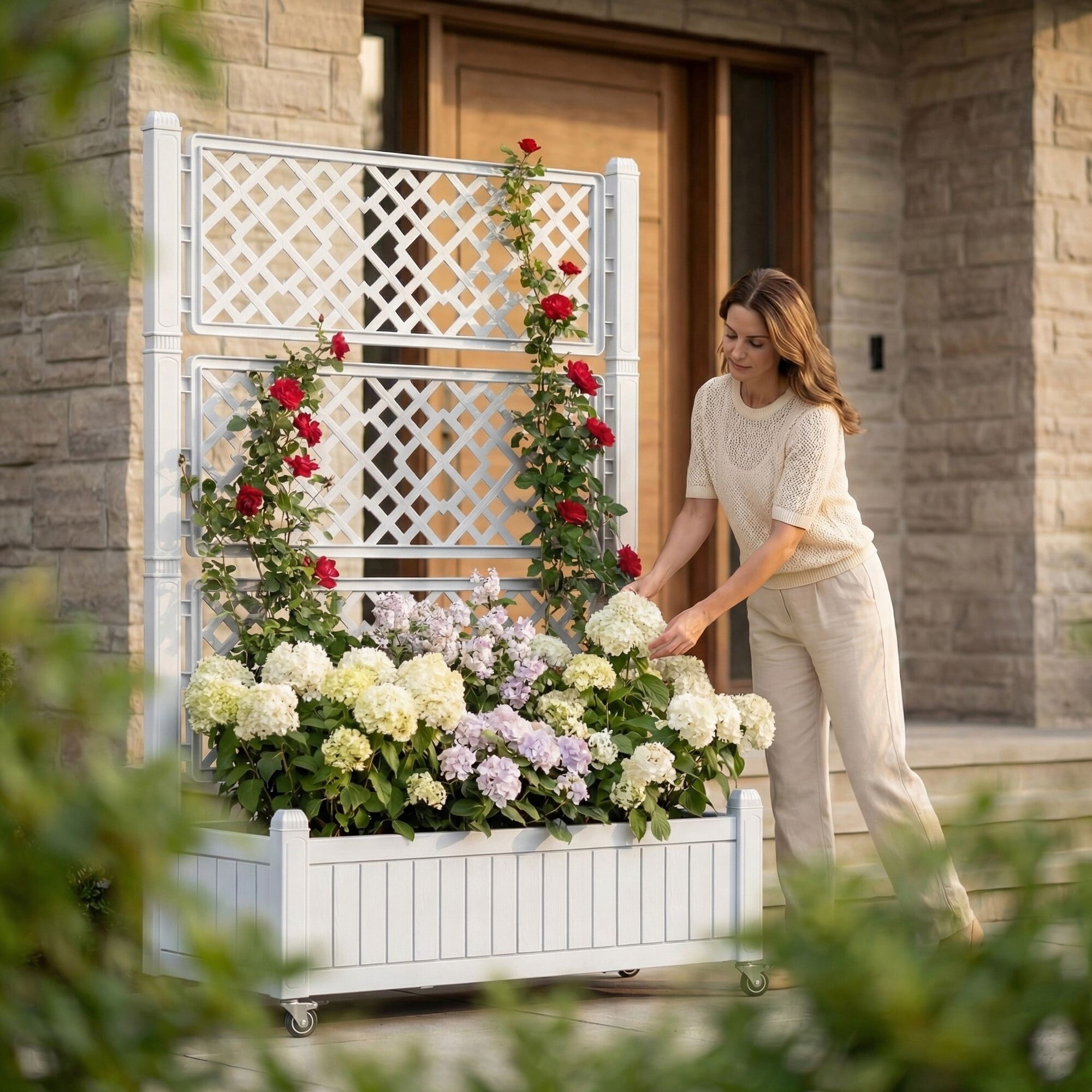 Uforic Outdoor 42.5x14.2x61 in Privacy Screen & Planter Box with Trellis, Raised Garden Bed with Wheels & Drain Plug, All-Weather White Planter for Climbing Plants, Flowers, Herbs