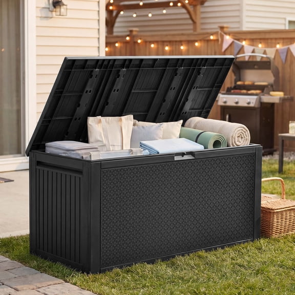 Uforic Outdoor 90 Gallon Lockable Deck Box, Double-Wall Resin Storage Box for Outdoor Patio,Lockable,‎Weatherproof,Light Brown