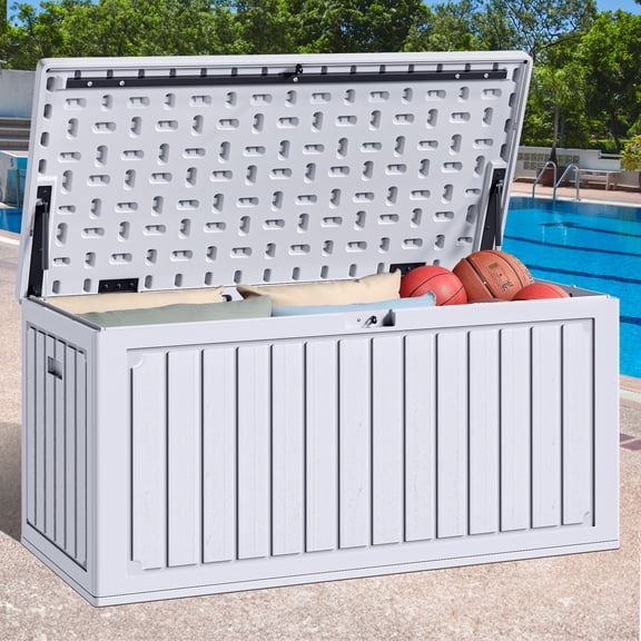 Uforic Outdoor 90 Gallon Lockable Deck Box, Double-Wall Resin Storage Box for Outdoor Patio,Lockable,Weatherproof,White