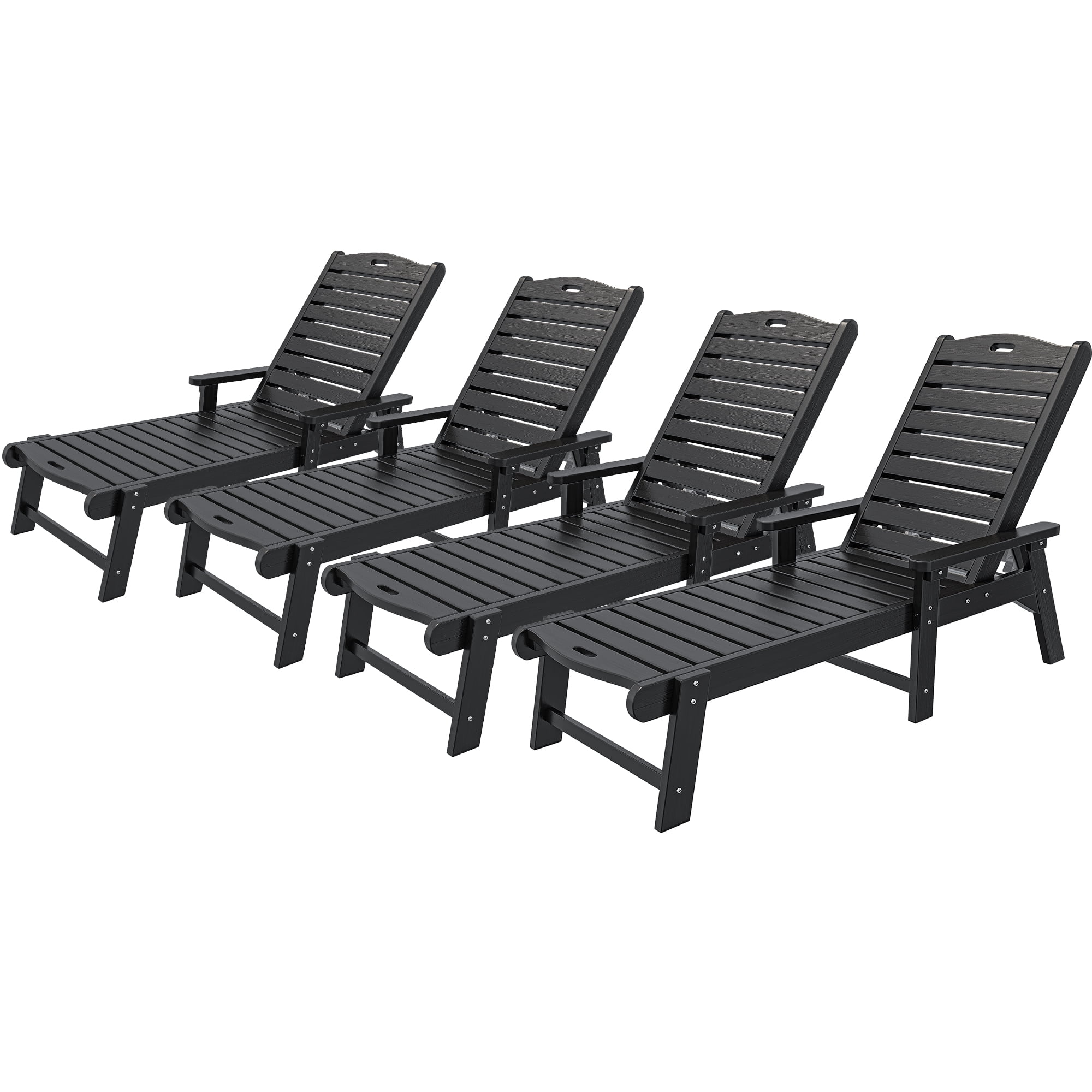 Uforic Outdoor Chaise Lounge Chair Set of 4 with Adjustable Backrest, Heavy Duty Resin Patio Lounger with Wide Armrest and 350lbs Capacity for Outside Poolside Beach Backyard, Waterproof, Black