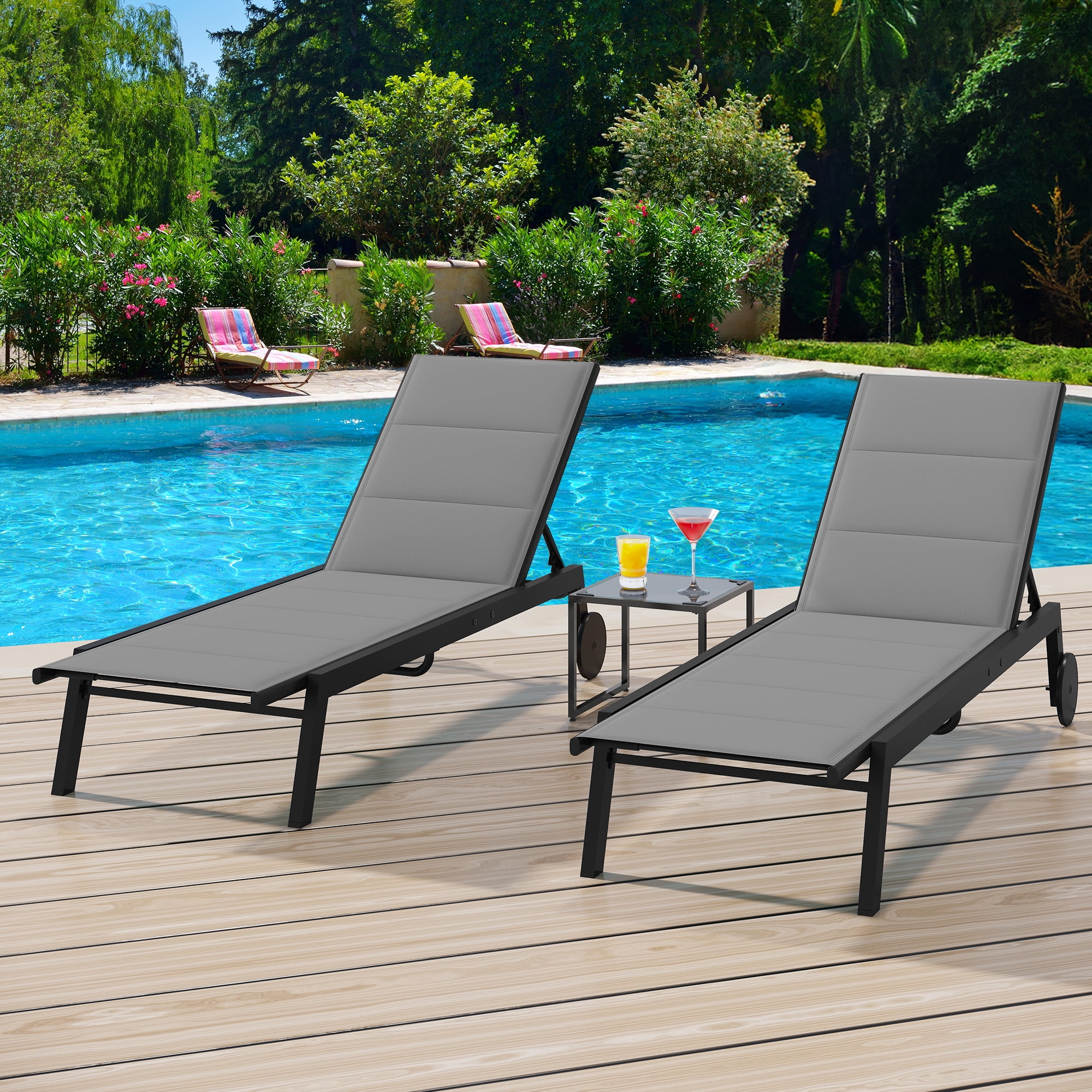Uforic Outdoor Chaise Lounge Chairs Set with Side Table, Padded Fabric Poolside Loungers with Aluminum Frame