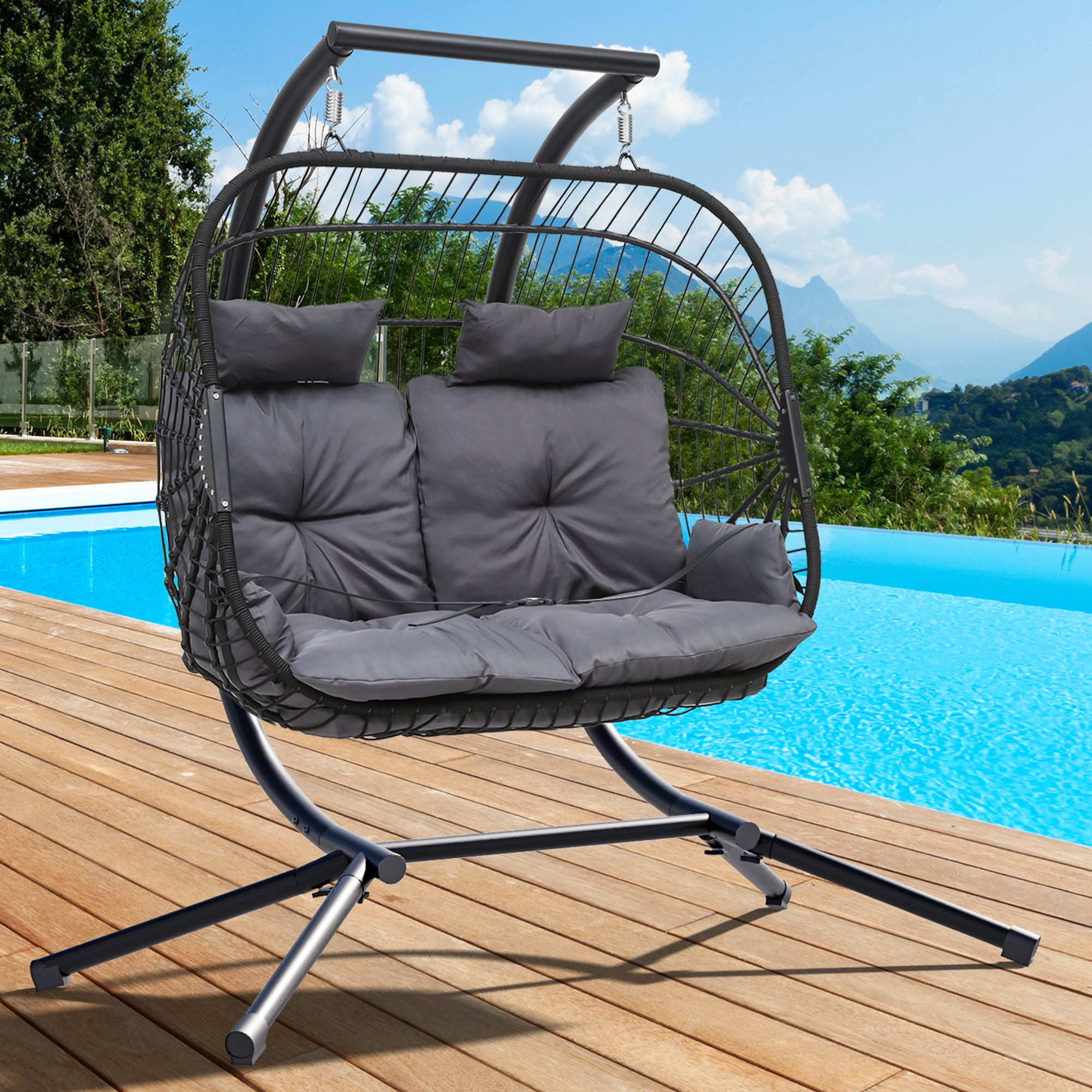 Uforic Outdoor Double Hanging Egg Swing Chair: Opulent Seating for Two, Wicker Rattan Loveseat with Cushions, 500lbs Weight Capacity, Perfect for Poolside and Balcony, Gray