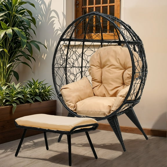 Uforic Outdoor Egg Chair with Stand and Ottoman, Cushioned Wicker Chair with PE Rattan Design, Footrest Included for Patio, Garden, Backyard, Porch, Yellow