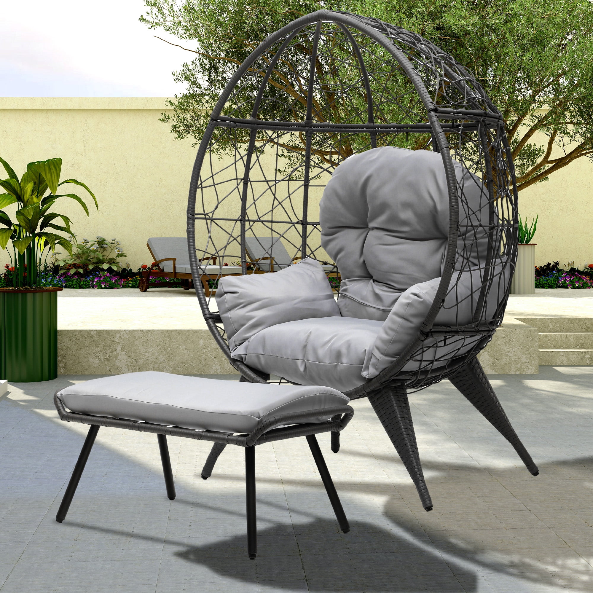 Uforic Outdoor Egg Chair with Stand and Ottoman, Cushioned Wicker Chair ...
