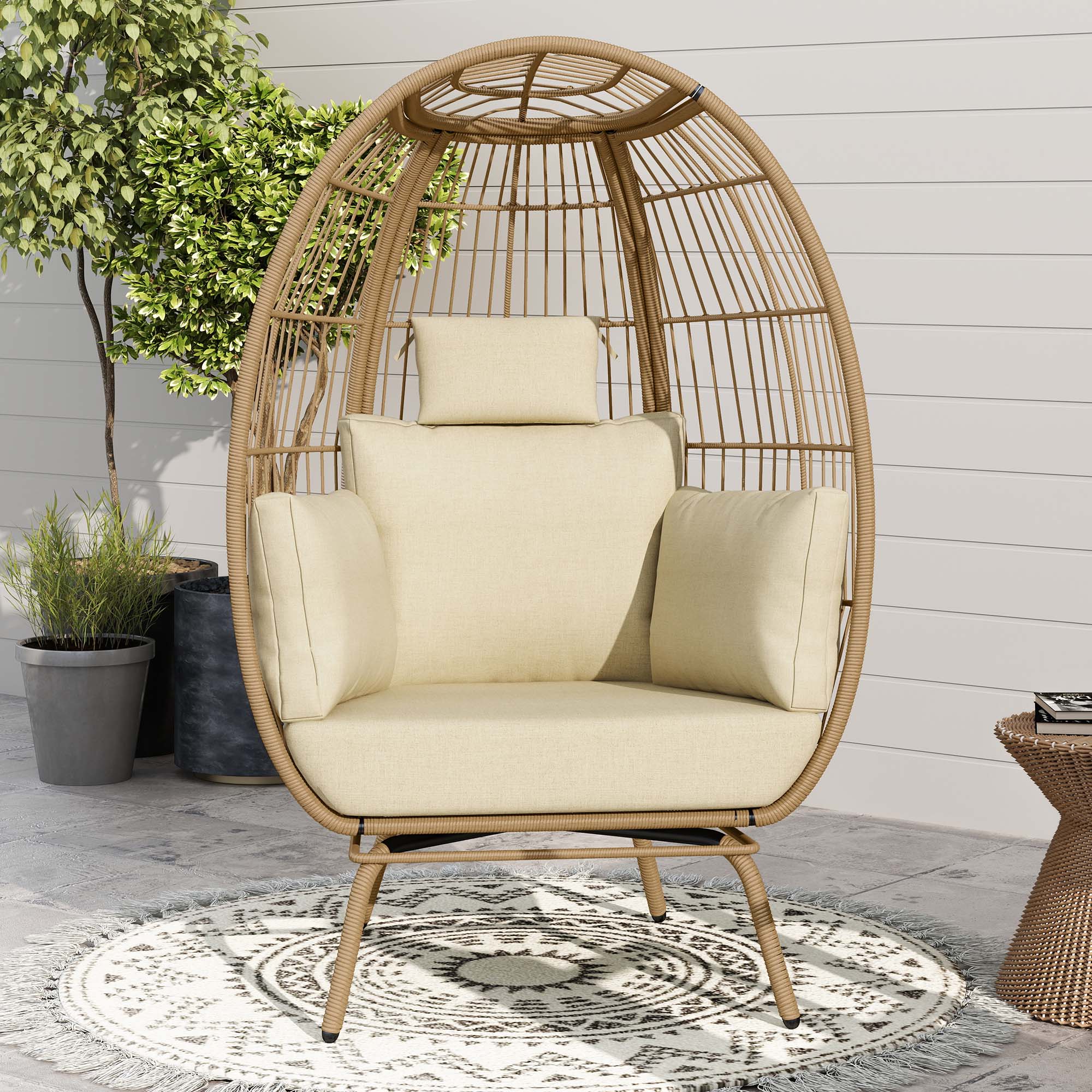 Uforic Outdoor Egg Chair with Cushion Patio Wicker Basket Chair with Stand and Beige Cushion Cocoon Chair Walmart