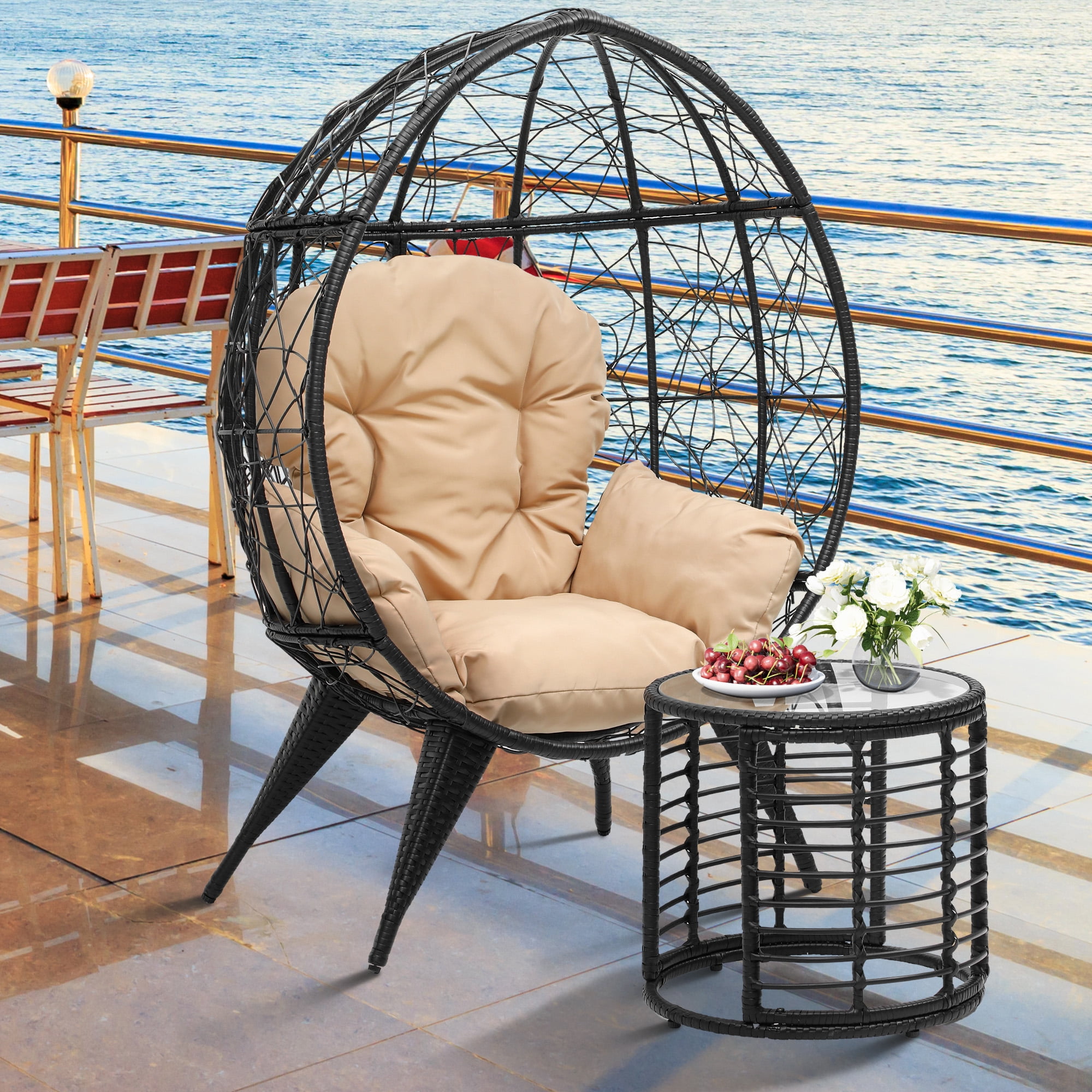 Uforic Outdoor PE Rattan Egg Chair with Table&Cushion for Patio, Garden, Backyard, Porch, Beige