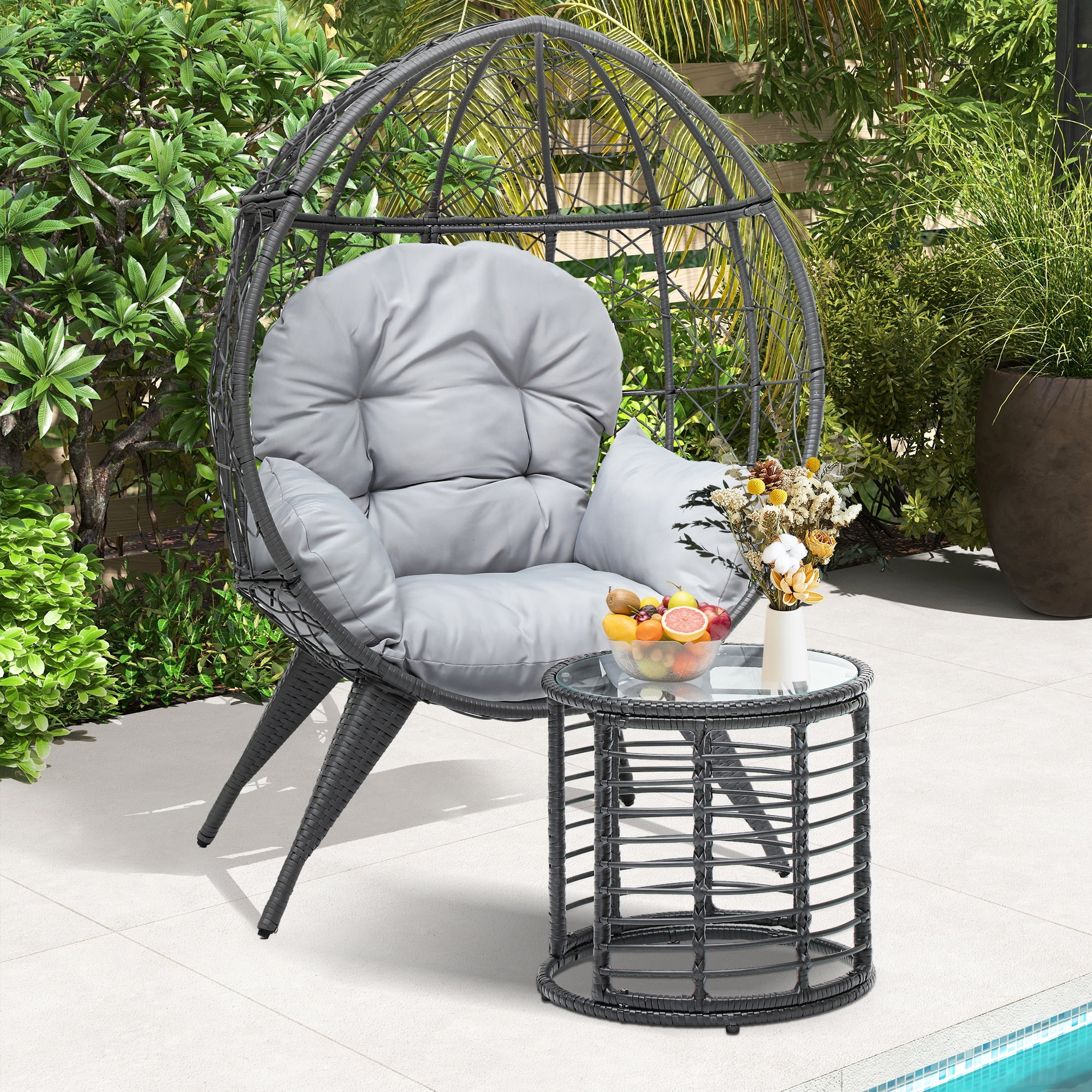 Uforic Outdoor Rattan Egg Chair with Table, Cushioned for Patio, Garden, Backyard, Porch, Gray
