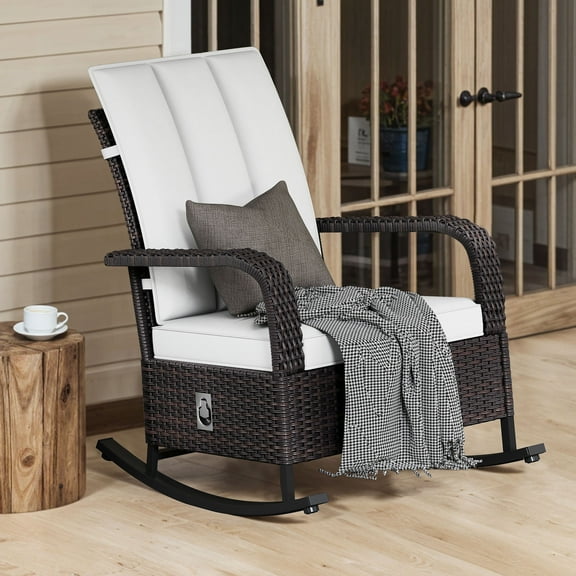 Uforic Outdoor Iron + PE Woven Rattan Rocking Chair with Footrest, Reclining, Brown Gradient Rattan & Beige Cushion