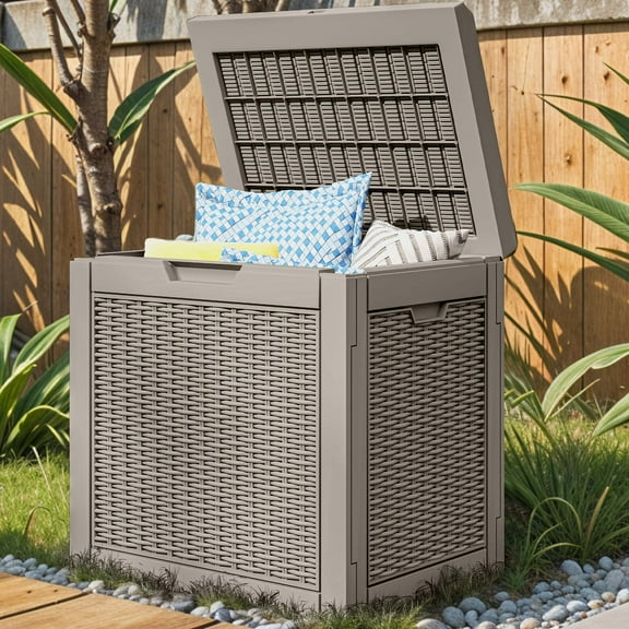 Uforic Outdoor Lockable 32 Gal Resin Deck Box, Storage Box with Lockable Lid & Side Handles, Light Brown