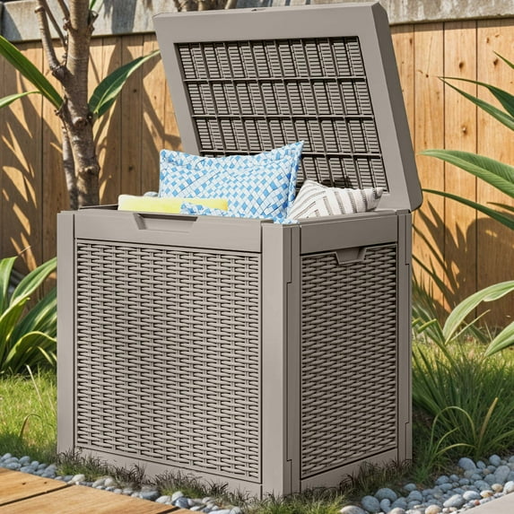 Uforic Outdoor Lockable 32 Gal Resin Deck Box, Storage Box with Lockable Lid & Side Handles, Light Brown