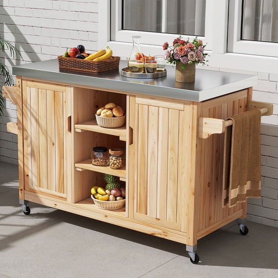 Uforic Outdoor Movable Grill Cart Storage Cabinet, MultiFunctional BBQ Grill Bar Cart, Bar, Prep Table, Rolling Kitchen Island