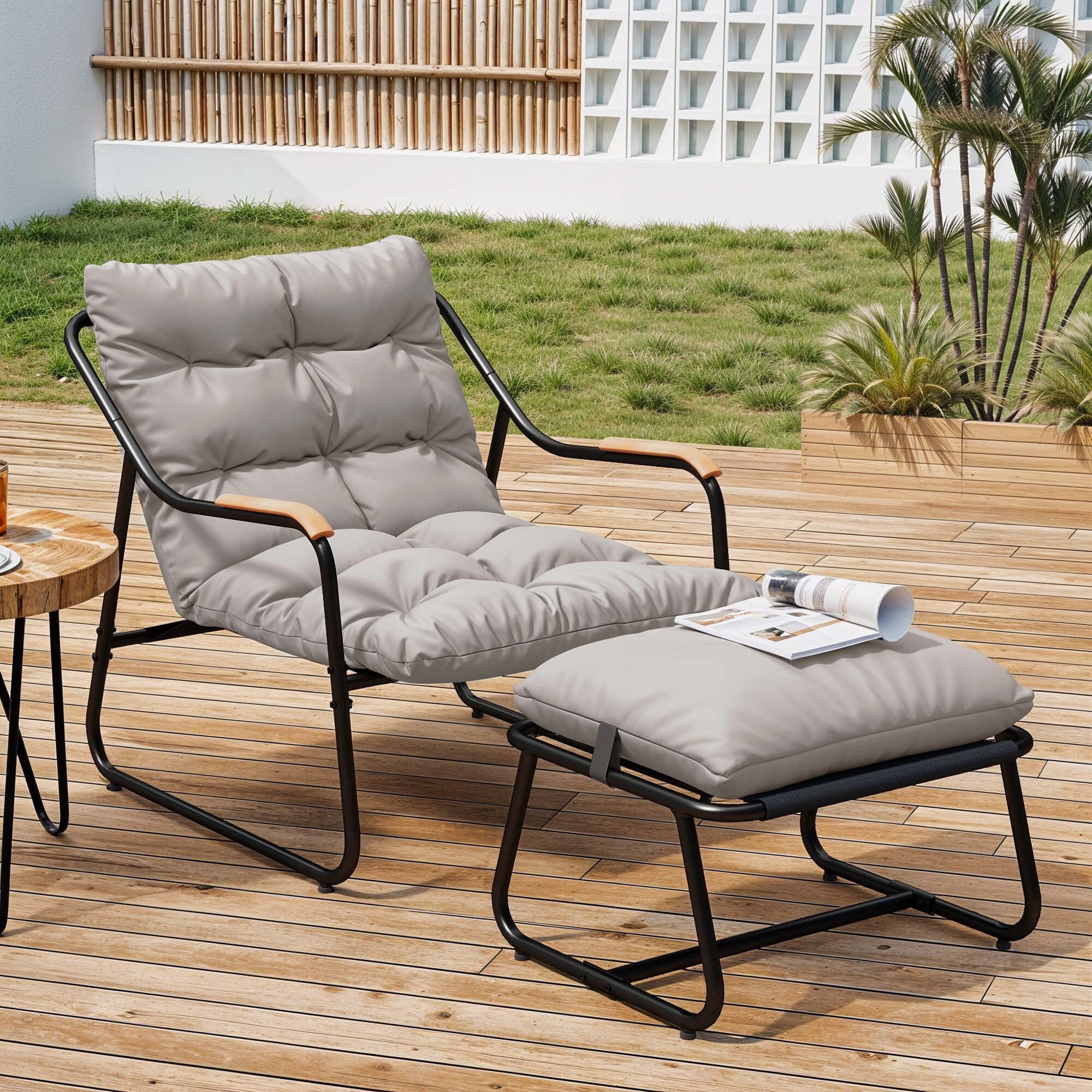 Uforic Outdoor Papasan Lounge Chair with Ottoman, Dark Gray Textilene Sling Recliner Set with Puffy Cushion, Indoor Outdoor Comfy Leisure Chair for Patio Balcony Backyard Garden