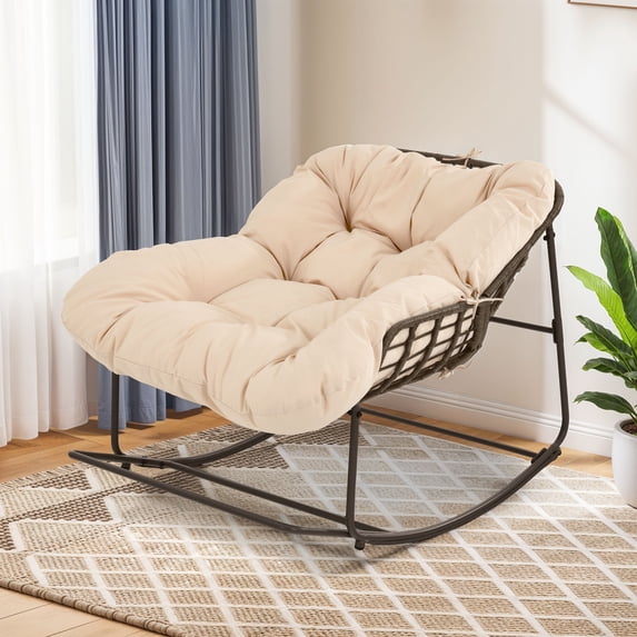 Uforic Outdoor Patio Papasan Rocking Chair with Thick Cushion,Oversized Rocking Chair - Beige