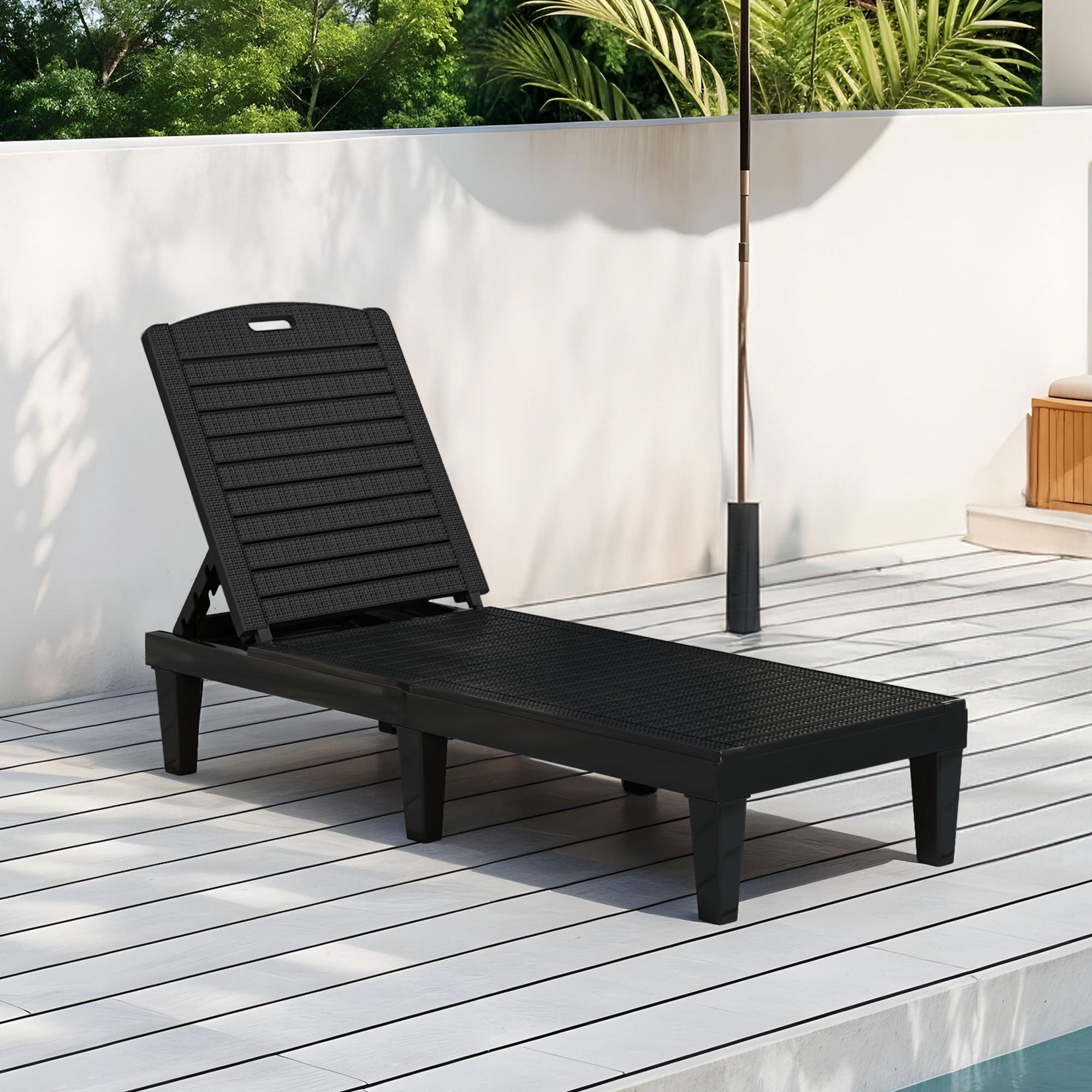 Uforic Outdoor Plastic Chaise Lounge Chair, 5-Position Adjustable Waterproof Poolside Recliner, Easy Assembly Patio Lounger for Garden Backyard, Black, 1 Piece