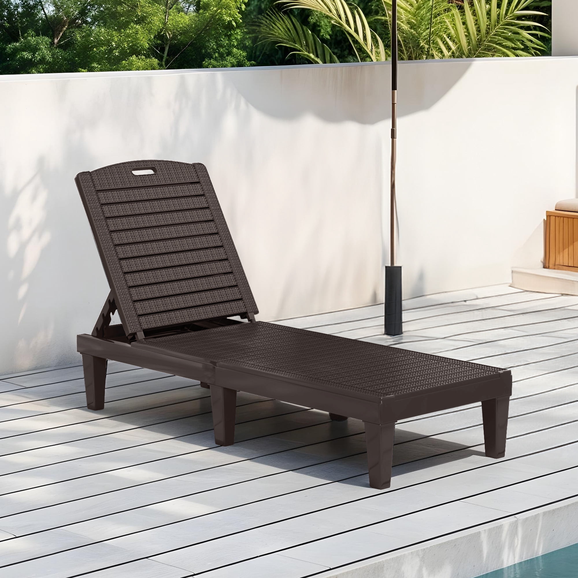 Uforic Outdoor Plastic Chaise Lounge Chair, 5-Position Adjustable Waterproof Poolside Recliner, Easy Assembly Patio Lounger for Garden Backyard, Brown, 1 Piece