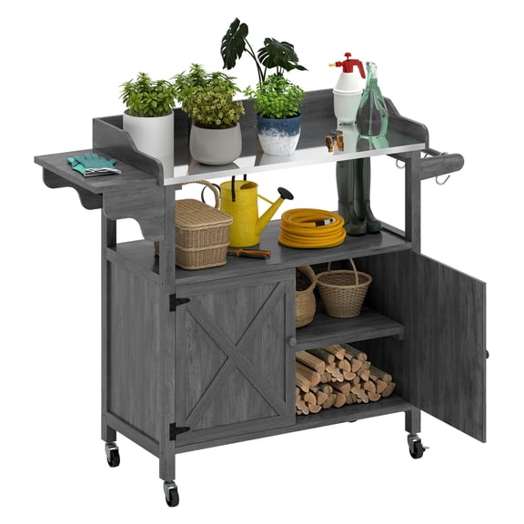 Uforic Outdoor Potting Bench Table, Planting Work Bench with Galvanized Metal Tabletop, Foldable Side Panel, 4 Casters, Adjustable Shelf, Garden Workstation for Patio/Backyard, Gray