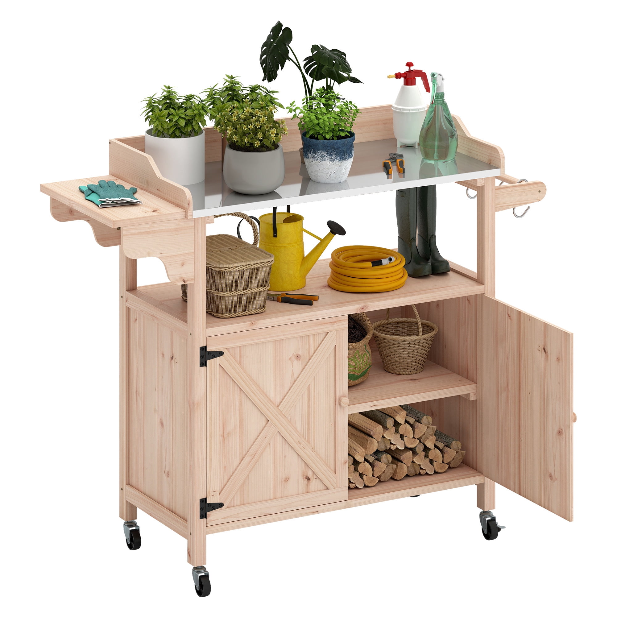 Uforic Outdoor Potting Bench Table, Planting Work Bench with Galvanized Metal Tabletop, Foldable Side Panel, 4 Casters, Adjustable Shelf, Garden Workstation for Patio/Backyard, Light Wood