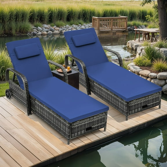 Uforic Outdoor Rattan Chaise Lounge with Cushions, Built-In Storage, Gray and Navy, 1Pcs