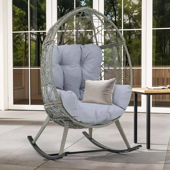 Uforic Outdoor Rocking Rattan Egg Chair with Cushioned Comfort, 250lb Capacit, Light Grey
