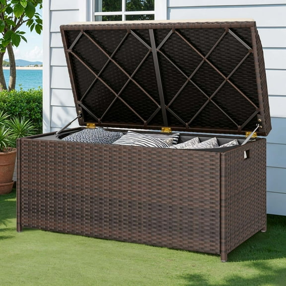 Uforic Outdoor Storage Bench , 70 Gallon PE Rattan Patio Storage Box Bench w/Handles & Soft Cushion for Patio Garden, Brown