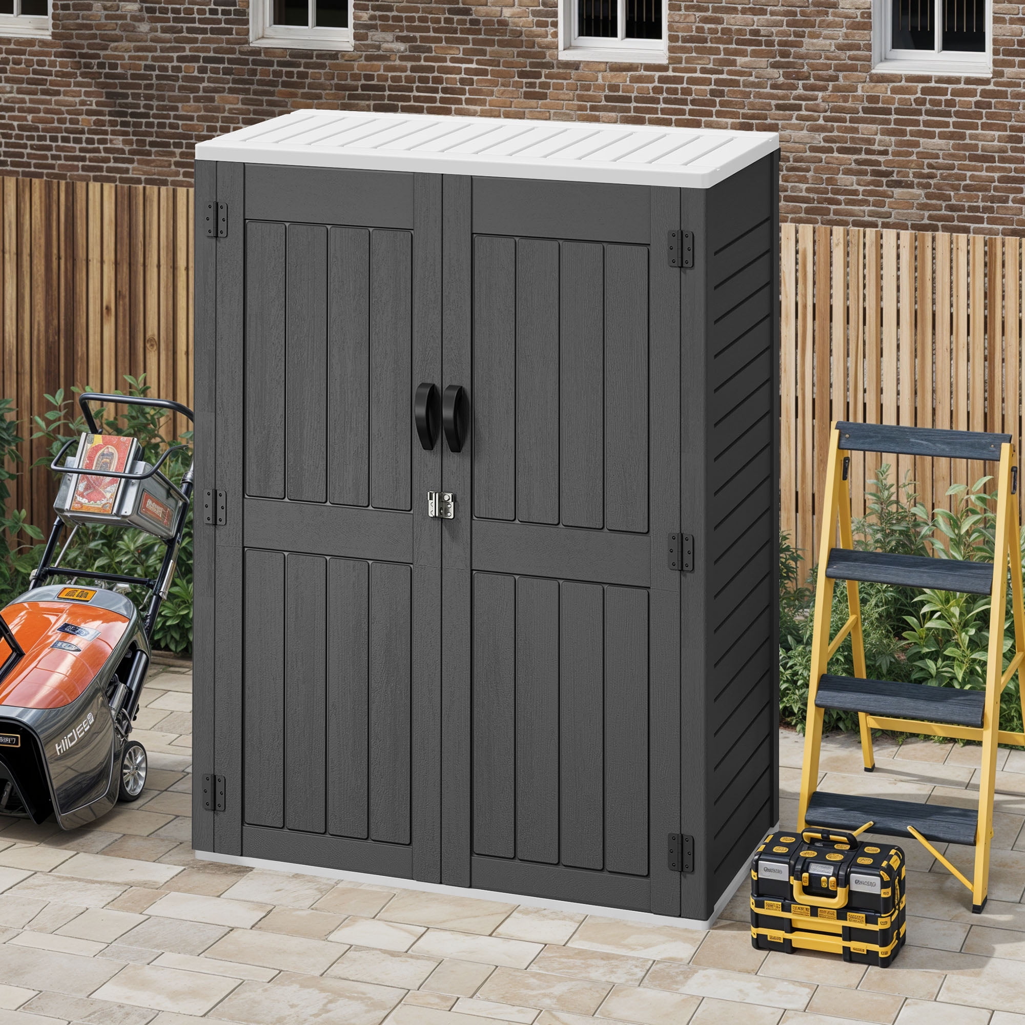 Uforic Outdoor Storage Shed, Vertical Lockable Tool Storage Resin Shed for Garden, Garage, Patio, No Shelves Included, Gray