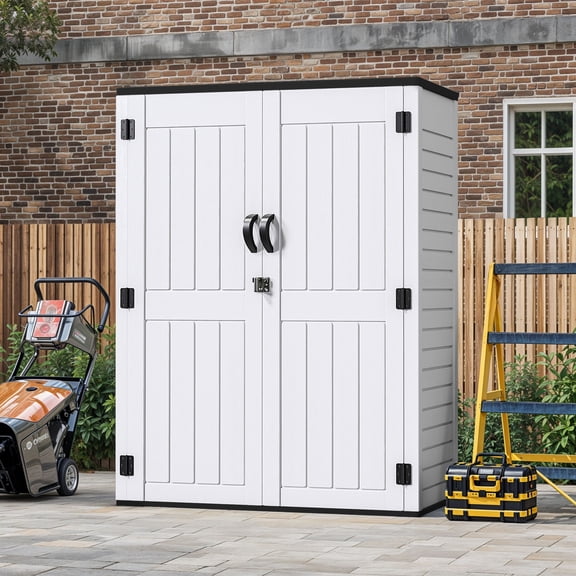 Uforic Outdoor Storage Shed, Vertical Lockable Tool Storage Resin Shed for Garden, Garage, Patio, No Shelves Included, Off-White
