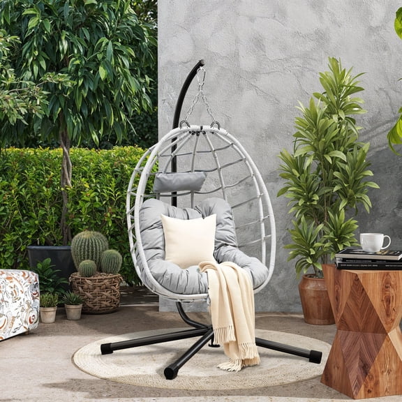 Uforic Wicker Egg Swing Chair with Stand & Cushion, 330lbs Capacity, Light Gray