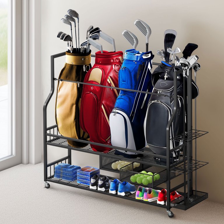 Golfickers Rough Bag Set （TOTE & CART） Uforic 4-Bag Golf Storage Rack with Wheels and Lockable Drawers