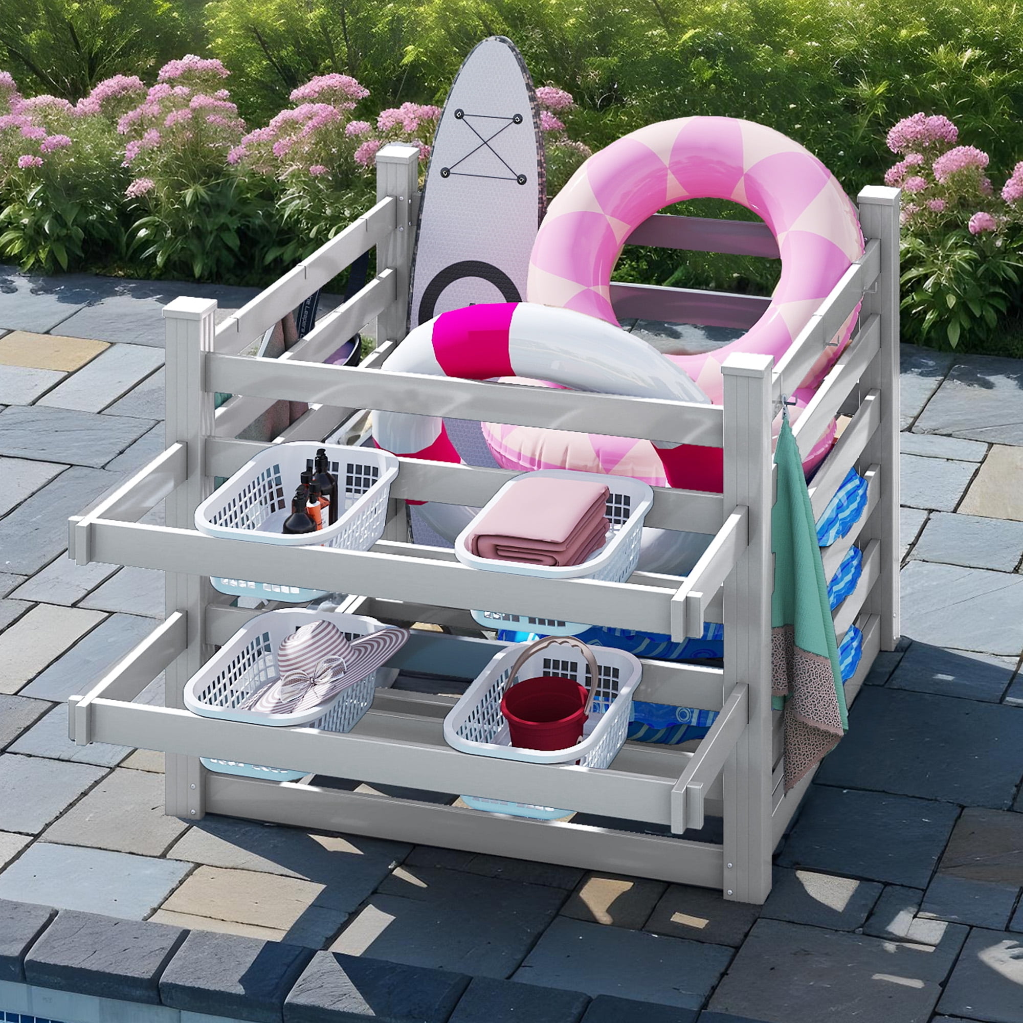 Uforic Outdoor Waterproof Storage Organizer with 6 Hooks, Pool Deck Box, Patio Bin, 64"W x 47"L x39"H, Light Gray