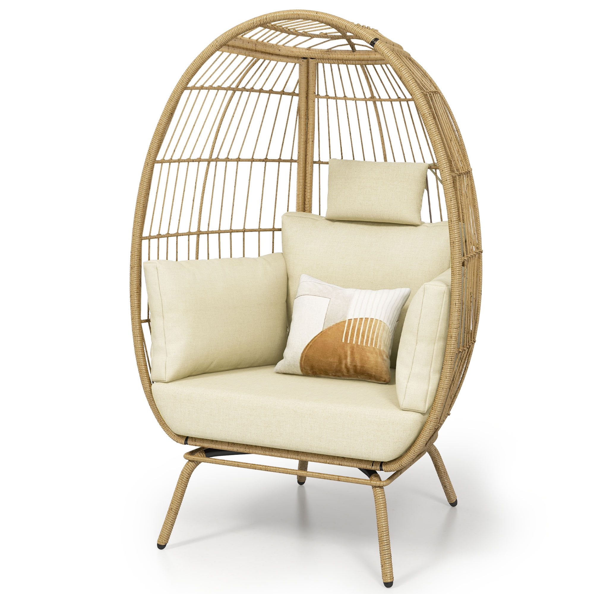 Uforic Outdoor Wicker Egg Chair with Cushion,Patio Wicker Basket Chair with Stand,Cocoon Chair - Beige