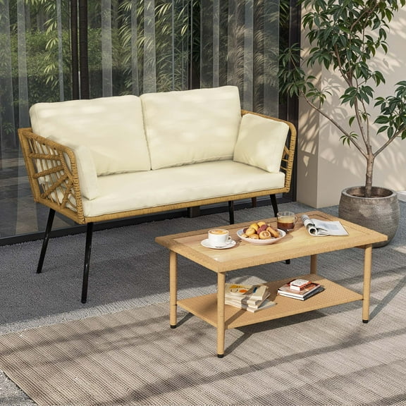 Uforic Outdoor Wicker Loveseat with Cushions and Rattan Side Table, All-Weather 2 Pieces Bistro Patio Conversation Furniture Set -Beige