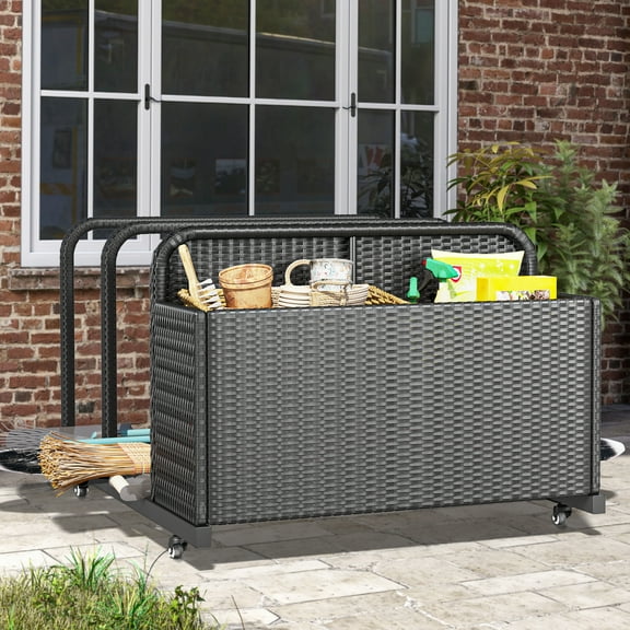 Uforic Outdoor Wicker Patio Poolside Float Storage Basket, PE Rattan Outdoor Pool Caddy with Rolling Wheels,Black